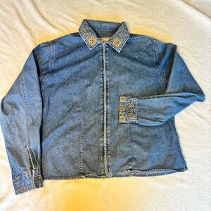 Woolrich Blue Denim Jacket with Embroidered Floral Collar and Cuffs